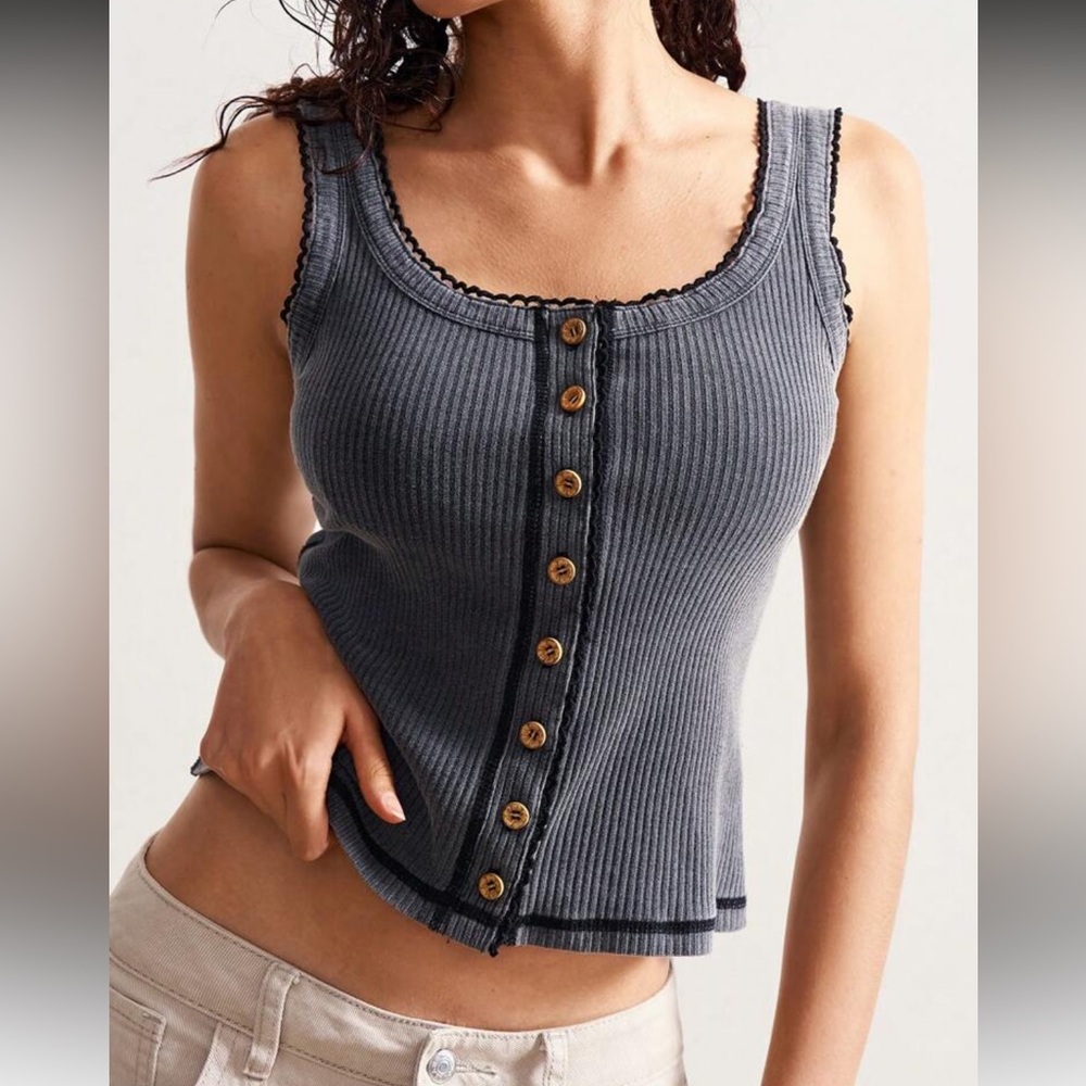 Orange Button-Down Ribbed Tank Top - Picture 14 of 15